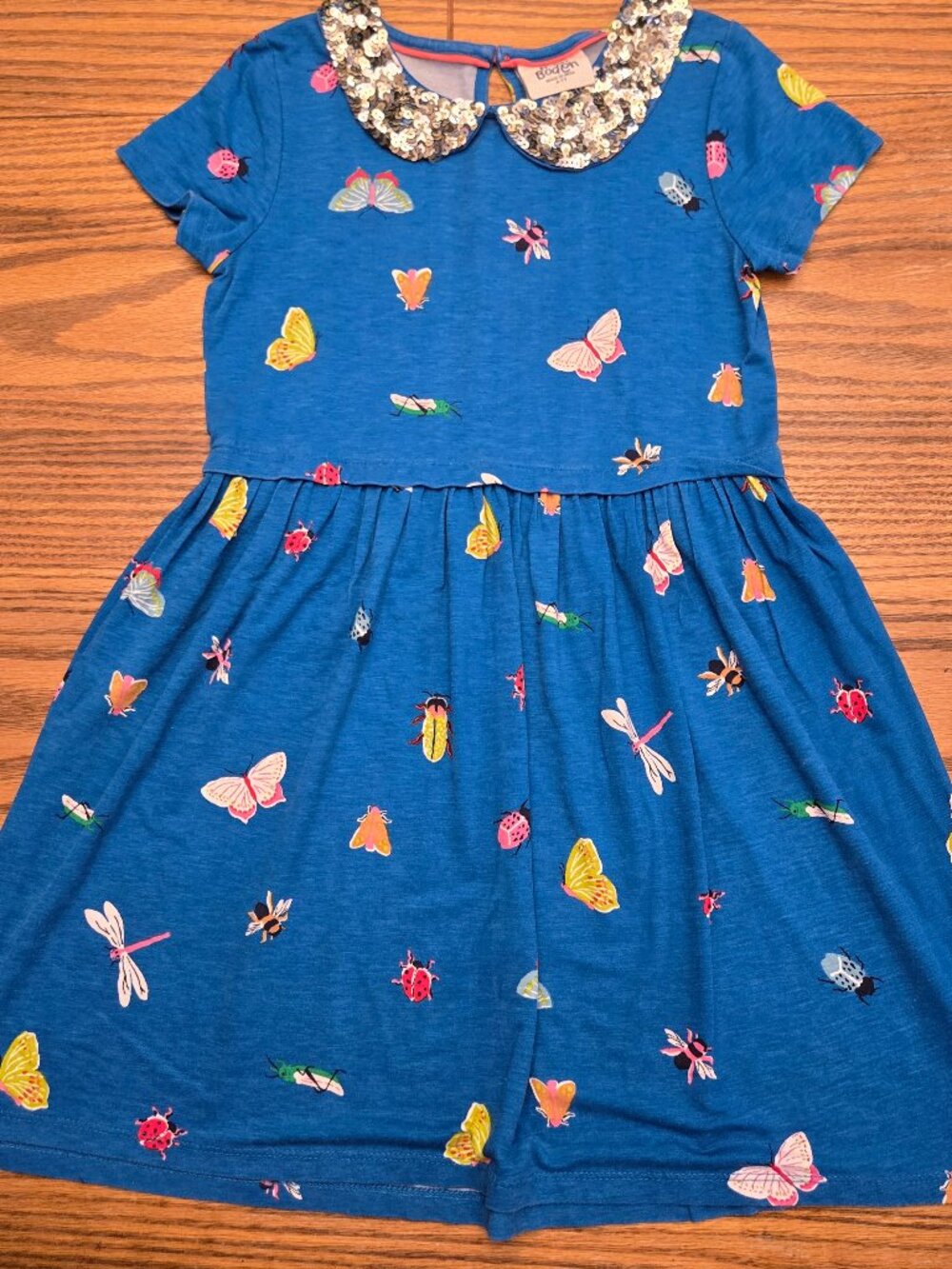 Mini Boden Butterfly Bug Insect Sequin Collar Dress - Size 6-7 Girls Blue Dress